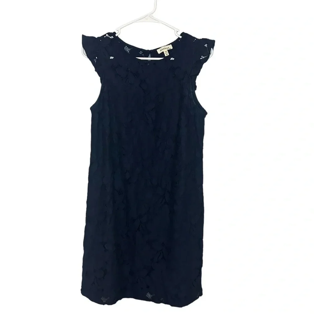 Monteau dress lace overlay flutter sleeve navy blue women’s size medium - Picture 2 of 10